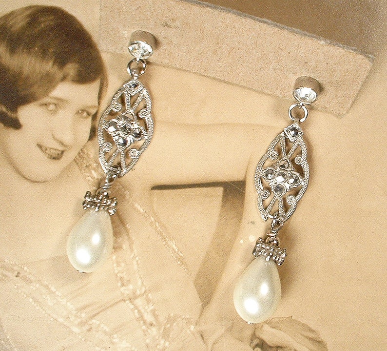 Vintage Art Deco Marcasite Ivory Pearl Earrings, Antique STeRLiNG SiLVeR Rhinestone Glass Pearl Bridal Dangle,1920s 1930s Wedding Long Drop image 8