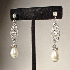 Vintage Art Deco Marcasite Ivory Pearl Earrings, Antique STeRLiNG SiLVeR Rhinestone Glass Pearl Bridal Dangle,1920s 1930s Wedding Long Drop image 3