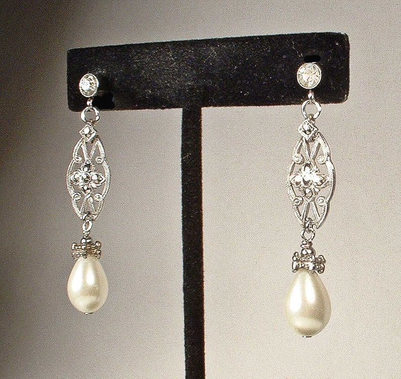 Vintage Art Deco Marcasite Ivory Pearl Earrings, Antique STeRLiNG SiLVeR Rhinestone Glass Pearl Bridal Dangle,1920s 1930s Wedding Long Drop image 3