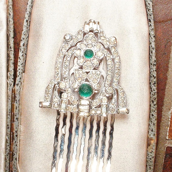 Vintage Art Deco Green Rhinestone Hair Comb Vintage Art Deco Emerald Green Hair Comb, Rhinestone Antique  main image 3