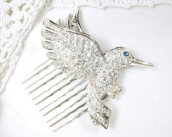 Rhinestone Bird Bridal Hair Comb, Silver Pave Clear Crystal Hummingbird Vintage Hairpiece, Something Blue Old Wedding Headpiece Accessory
