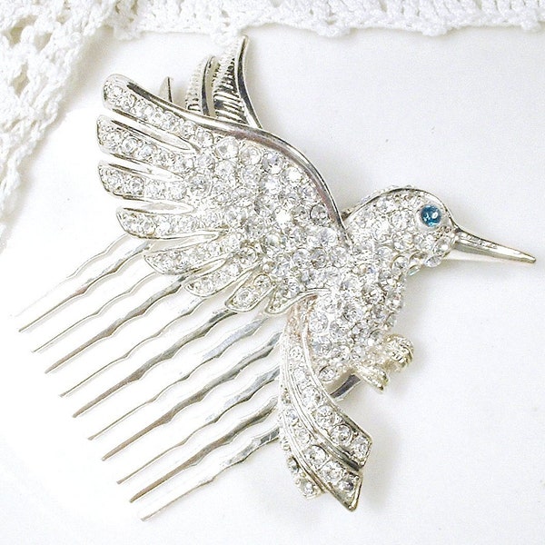 Rhinestone Bird Bridal Hair Comb, Silver Pave Clear Crystal Hummingbird Vintage Hairpiece, Something Blue Old Wedding Headpiece Accessory