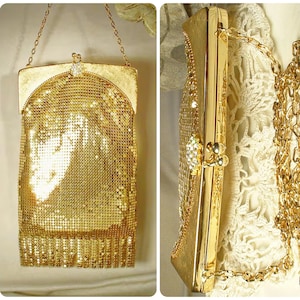 Vintage Gold Mesh Flapper Geldbörse, Art Deco Glam 1920er Jahre Hochzeits- / Braut-Witting & David Fransen Schulter Abendtasche, 1940er Jahre Gatsby PRISTINE Geschenk