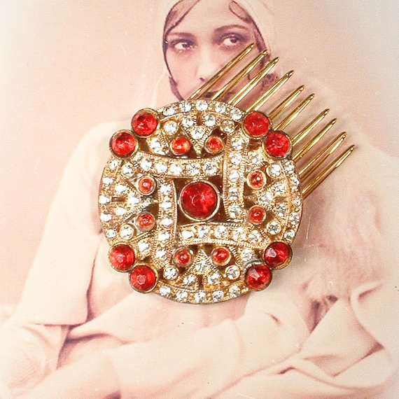 Antique 1920s Dark Red Rhinestone Gold Bridal Hair Comb  display picture 1