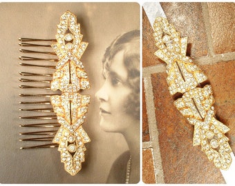 Vintage Art Deco Gold Hair Comb/Buckle, Rhinestone 1920s Wedding Dress Sash Belt,Bridal Head Piece Jewelry Gatsby Flapper Headpiece Gift