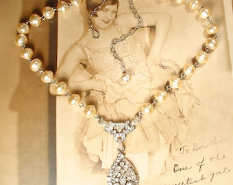 Vintage R.J. GRAZIANO Pearl Necklace, Art Deco Rhinestone Glass Pearl Pendant, Flapper Gatsby Bridal 1920s Wedding