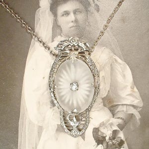RARE Antique Camphor Glass Pendant Necklace/DRESS CLIP,Art Deco/Edwardian 1920s Wedding, STeRLiNG Silver Filigree Rhinestone Vintage Bridal
