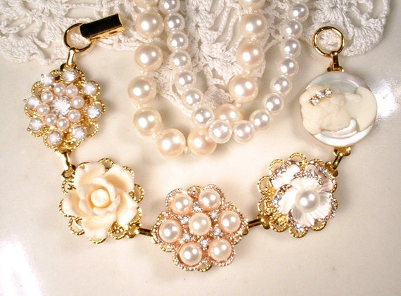 OOAK Vintage Earring Bracelet White Ivory Pearl Rhinestone | Etsy