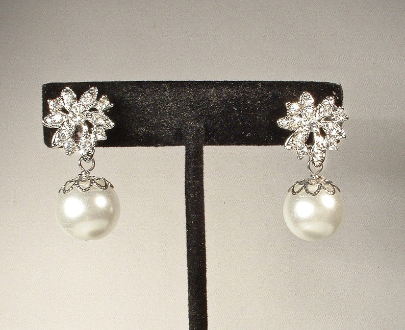 Art Deco Off White/Ivory Pearl Dangle Earrings, Glass Pearl Ball Rhinestone Silver Floral Bridal Drop, 1920s Wedding Jewelry Bridesmaid Gift image 3