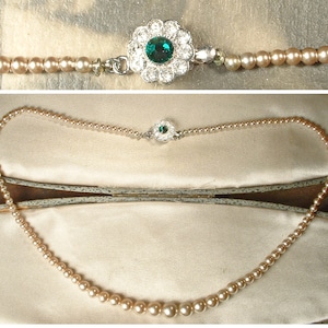 Vintage 1940s EMeRaLD/Champagne Ivory Glass Pearl Necklace Rhinestone Clasp,Art Deco Choker Single Strand Bridal,Wedding Something Old Green