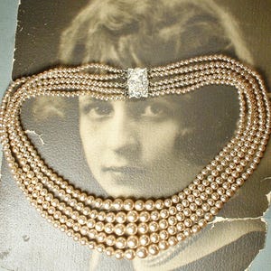 PRISTINE 1940s Vintage Art Deco Champagne Ivory Pearl Necklace,Bridal 5 Multi Five Strand Glass Pearl Rhinestone Clasp Antique Wedding Gift