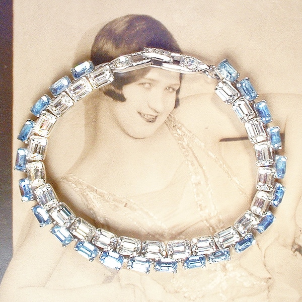 Vintage 1940s BOGOFF Light Blue Rhinestone Bridal Bracelet, Art Deco Silver Dusty/Powder Crystal Something Old 1920s Wedding Shower Gift