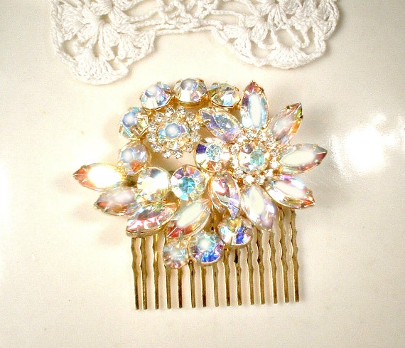 VINTAGE 1930s FAUX TORTOISESHELL Celluloid Glass Diamond Paste Two Pronged hair Comb Bridal Estate Jewellery