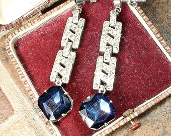 Vintage Art Deco Sapphire Paste Rhinestone Flapper Dangle Earrings, Long Bridal Drop Silver Something Blue Old, Antique 1920s Wedding Navy