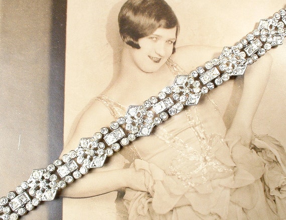 Antique Art Deco Bracelet,Pave Paste Crystal Rhin… - image 2