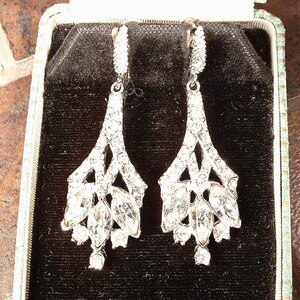 Vintage Art Deco Rhinestone Dangle Earrings, 1940s Silver Long Flapper, Drop Chandelier 1920s Bridal/Wedding Screw On Back/Pierced