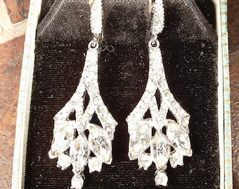 Vintage Art Deco Crystal Rhinestone Dangle Earrings, 1940s Silver Long Flapper, Drop Chandelier 1920s Bridal/Wedding Screw On Back/Pierced