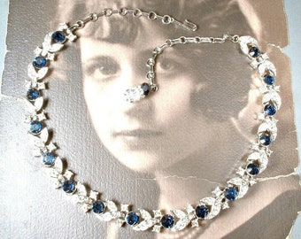 Designer Navy Sapphire Rhinestone Art Deco Necklace, 1920s Vintage Wedding Bridal Silver Statement Choker, Something Blue Old Modern Lisner