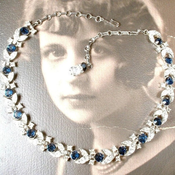 Designer Navy Sapphire Rhinestone Art Deco Necklace, 1920s Vintage Wedding Bridal Silver Statement Choker, Something Blue Old Modern Lisner