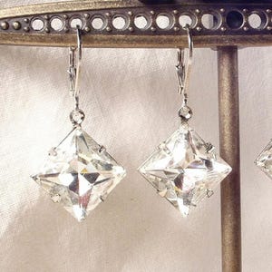 Art Deco Crystal Rhinestone Silver Dangle Drop Earrings, Bridal/Bridesmaid Gift Square 1920s Jewelry Great Gatsby Wedding Vintage Geometric