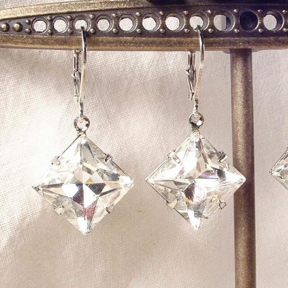Art Deco Crystal Rhinestone Silver Dangle Earrings,Bridal/Bridesmaid Square 1920s Jewelry Great Gatsby Wedding Vintage Geometric Simple Glam