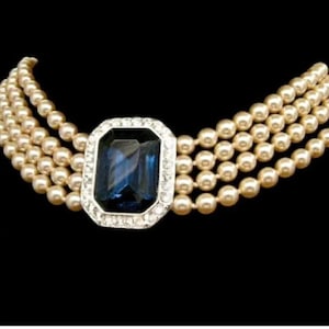 Vintage KJL Art Deco Sapphire Rhinestone Pearl Bridal Choker Necklace,LANE 4 Multi Strand Glass Champagne Ivory Blue Princess Diana PRISTINE