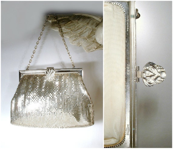 Vintage Whiting Davis Metal Mesh Evening Purse 1920s Flapper Handbag Excellent Condition Blue Jeweled Clasp