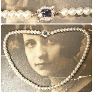 Vintage Art Deco White Ivory Glass Pearl Necklace, 1920s Bridal/Wedding Single Strand Navy Sapphire Blue Rhinestone Clasp Antique 1940s Gift