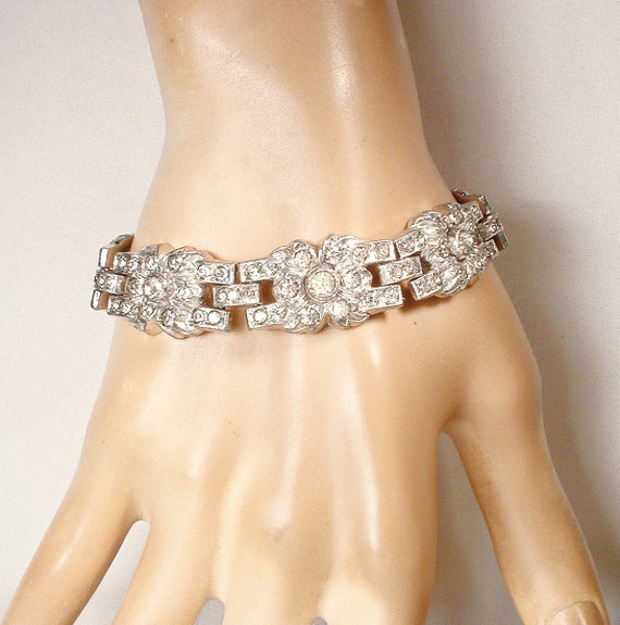 Vintage 1940s Art Deco Bracelet, Princess Cut Rhi… - image 5