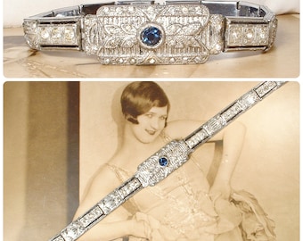 ANTIQUE Art Deco Sapphire Rhinestone Bracelet,Tru-Wite Silver Navy Crystal Panel Link,Vintage 1920s Bridal/Wedding Something Blue Old Gatsby