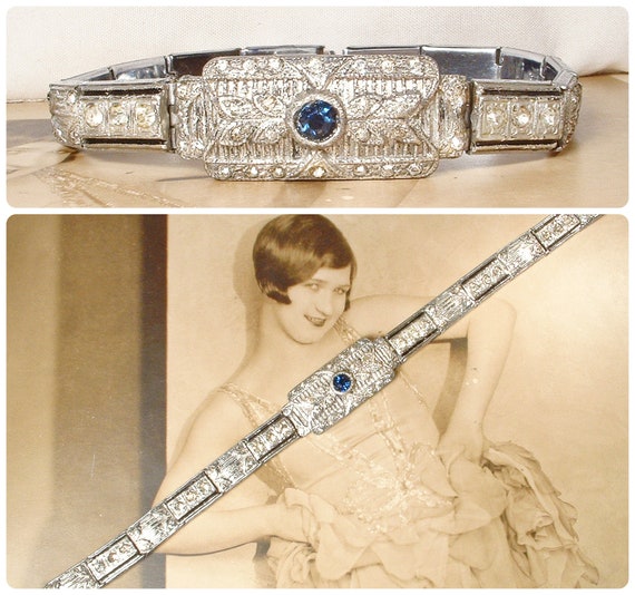 ANTIQUE Art Deco Sapphire Rhinestone Bracelet,Tru… - image 1