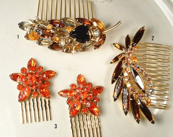 OoaK Autumn Wedding Hair Comb/Hair Pins,Vintage Topaz & Brown Rhinestone Gold Bridal Hairpiece/Bridesmaid Gift Rustic Fall Headpiece Orange