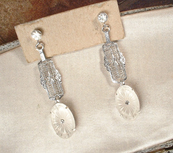 Art Deco Vintage Camphor Glass Dangle Earrings, A… - image 3