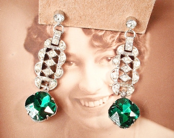 Antique Art Deco Emerald Green Rhinestone Earrings,Vintage 1920 Gatsby Flapper Paste Crystal Silver Bridal Dangle Drop Statement 1930s 1940s