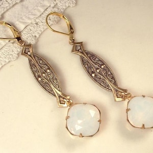 1920s OPAL Antique Gold Art Nouveau/Deco Rhinestone Vintage Earrings Long Dangle White Pinfire Bridal Statement Drop Gatsby Downton Gift Her
