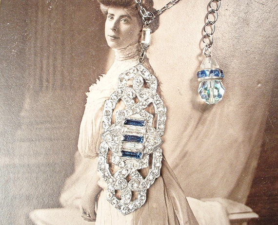 ANTiQue 1920s Art Deco Sapphire Rhinestone Pendan… - image 9