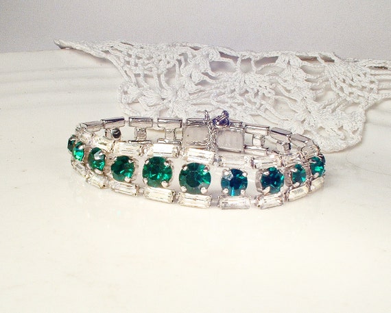 Vintage Art Deco Emerald Rhinestone Bracelet, Gre… - image 6