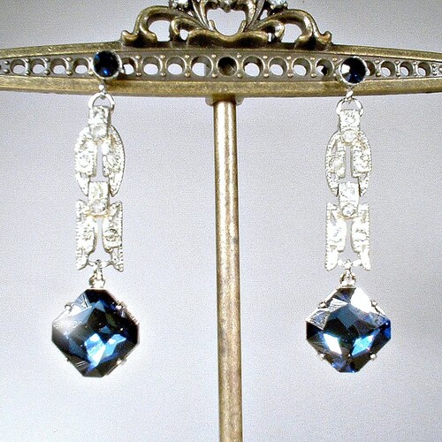 Vintage Art Deco Flapper Sapphire Rhinestone Dangle Earrings, Bridal Silver Paste Navy shops Long Drop Gatsby 1920s Wedding Something Blue Old 20s