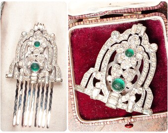 ANTiQue Emerald Green Rhinestone Bridal Hair Comb/1920s Wedding Dress Clip, Headpiece Vintage Head Piece Hairpiece Silver Flapper Gift 1930s