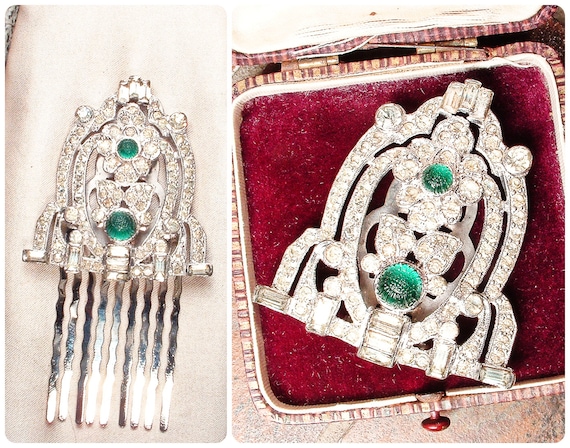 ANTiQue Emerald Green Rhinestone Bridal Hair Comb… - image 1