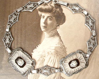 ANTIQUE 1920s Guilloche Rose Heart Necklace,sterling SILVER Art 