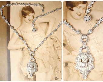 ANTiQue 1920s French Paste Rhinestone Art Deco Necklace, Silver Vintage 1930s Wedding Pendant Lavalier Gatsby Bridal Flapper Jewelry Downton