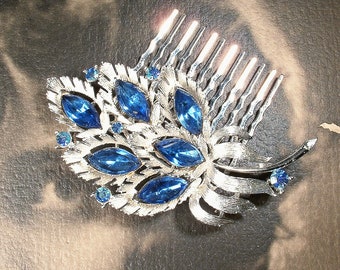 OOAK Vintage Dark Blue Bridal Hair Comb/Brooch, Silver Navy Sapphire Rhinestone Headpiece, Something Blue Old,1950s Wedding Modern Retro