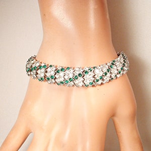 Pulsera Art Déco CINER vintage PRISTINE con diamantes de imitación verde esmeralda, plata, años 20, años 30, boda, cristales, eslabones anchos, regalo nupcial "Algo antiguo"