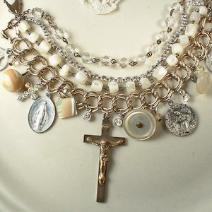 OOAK Antique Cross Bracelet, Rhinestone Vintage French Button Mother of Pearl Rosary Charm Crucifix, Religious Medals Gift Boho Assemblage