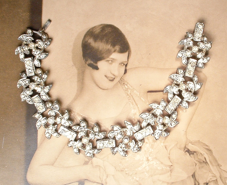 Antique Art Deco Paste Rhinestone Bridal Bracelet, Vintage 1930s Wide Crystal Leaf Link Bracelet, 1920s Wedding Great Gatsby/Rustic Chic image 4