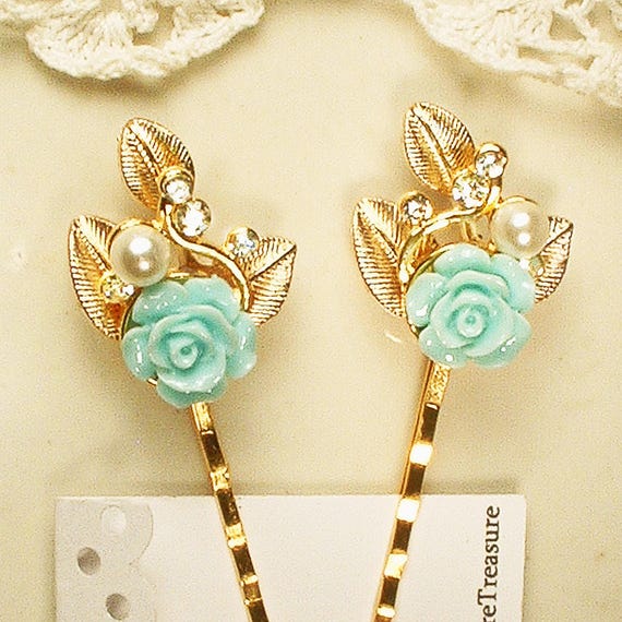 Mint Green Gold Pearl/rhinestone Bridal Hair Pins  display picture 1