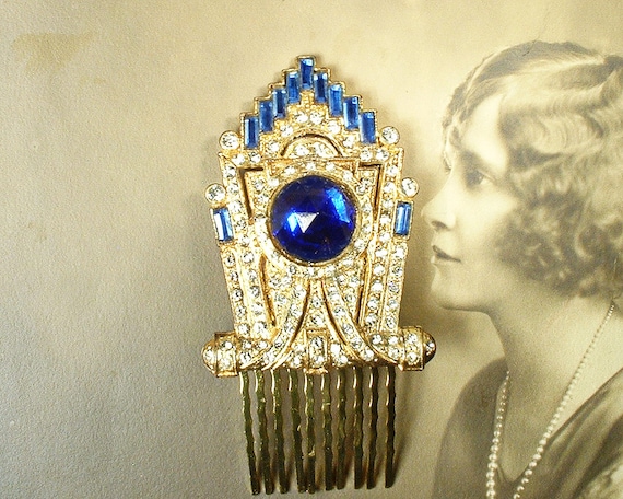 Antique Sapphire Art Deco Hair Comb, Vintage Brid… - image 2