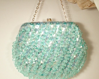 Borsa con perline e strass color acquamarina, borsa da sposa La Regale Art Déco color oro, pochette da sposa vintage glamour anni '50 e '60
