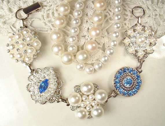 OOAK Vintage Earring Bracelet,Sapphire Blue Brida… - image 1